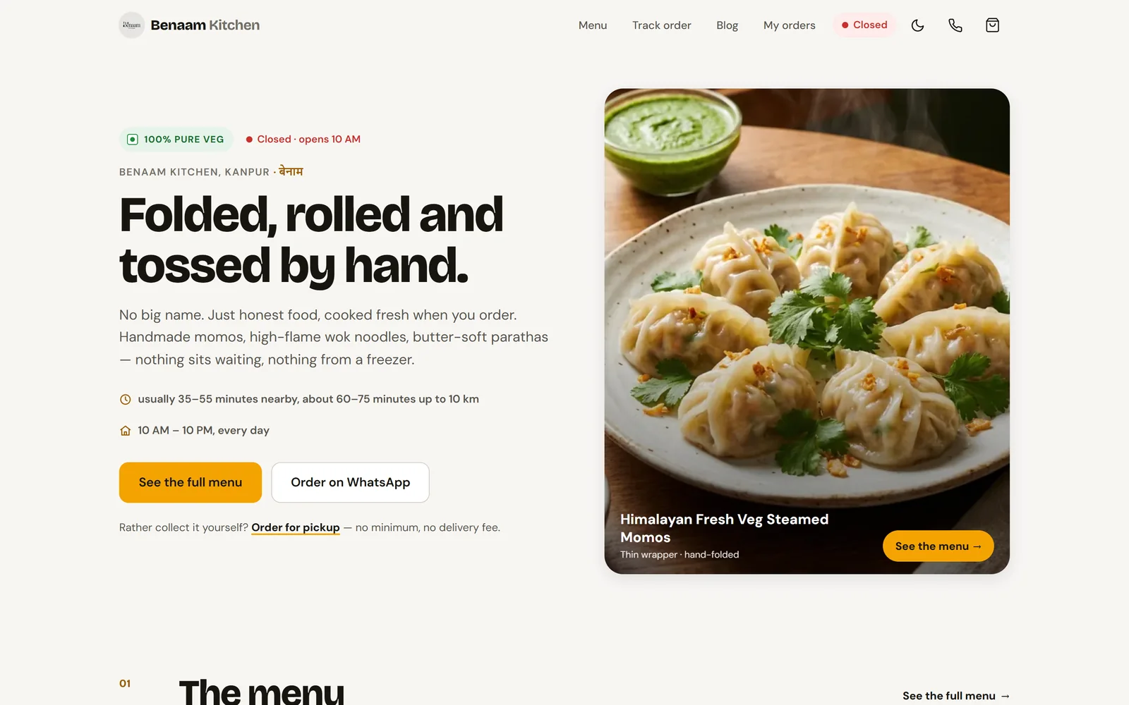 Benaam Kitchen website: headline 'Folded, rolled and tossed by hand' next to a plate of momos