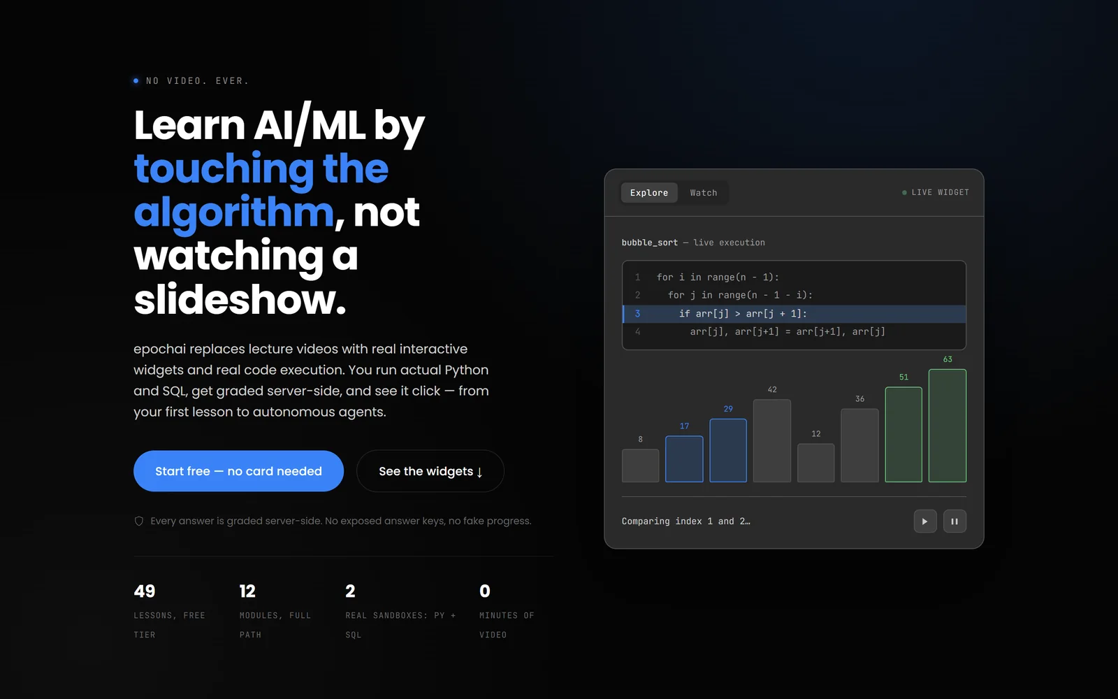 epochai home page: a sorting algorithm running step by step next to the headline