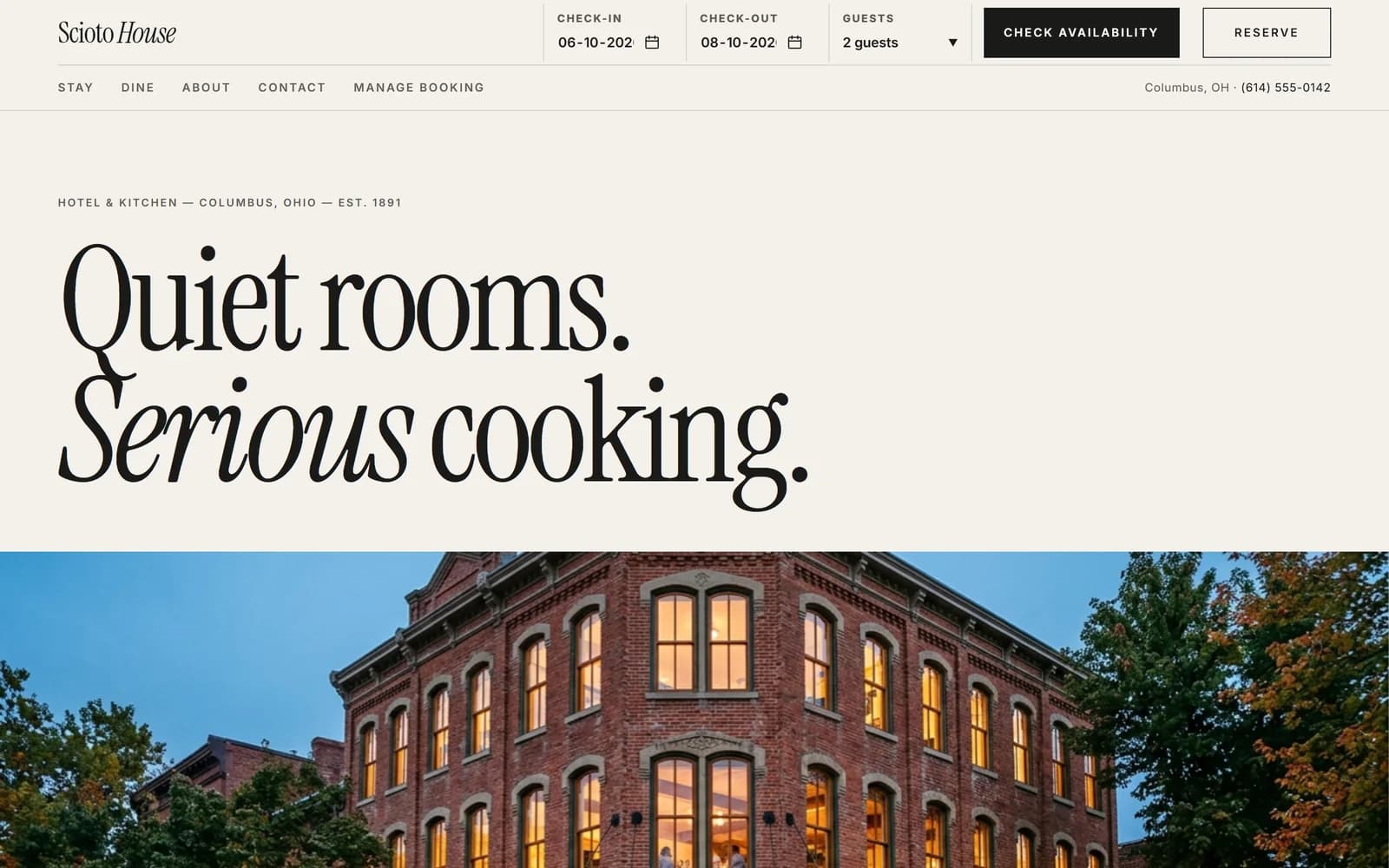 Scioto House concept, Atelier direction: editorial serif headline over a photo of a brick hotel