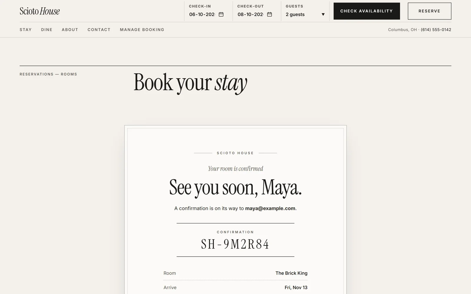 Scioto House booking confirmed, with a confirmation code