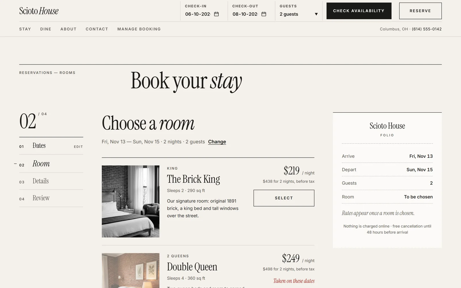 Scioto House booking, step 2: choosing a room with nightly and total prices